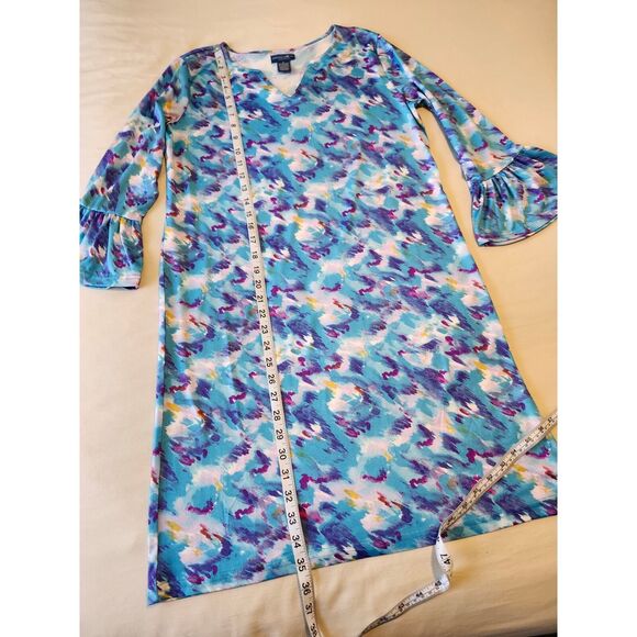 Caribbean Joe Blue Ruffle Sleeve Dress Small Relaxed fit Resort Boho Stretch - Picture 5 of 5